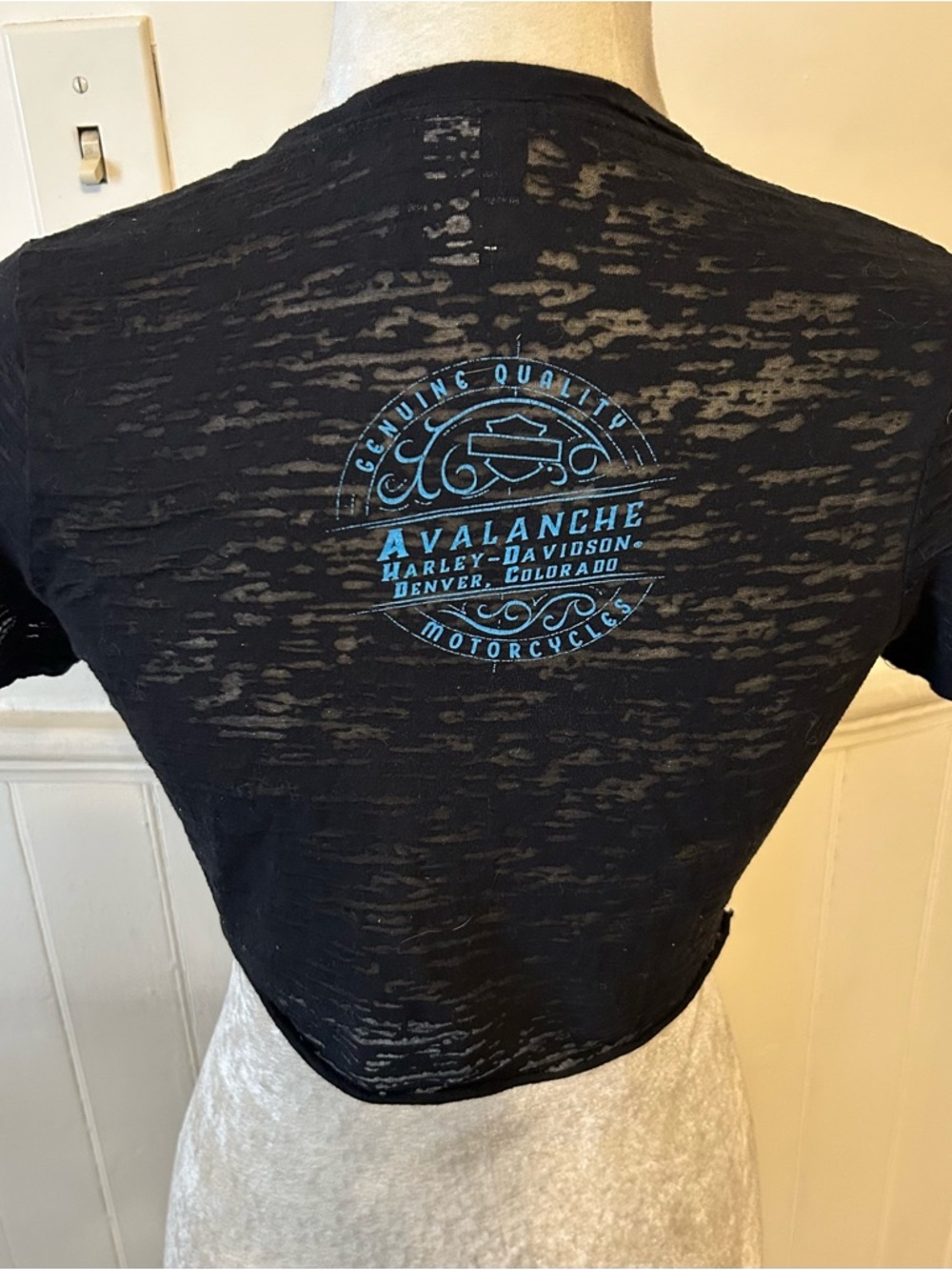 Y2K Harley Davidson Avalanche Denver Heart Flame Burnout Mesh Baby Tee /XS - Picture 2 of 3